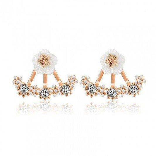 Daisy Jacket Earrings with Porcelain Flower and Cubic Zirconia Rose Gold Daisy Stud Earrings