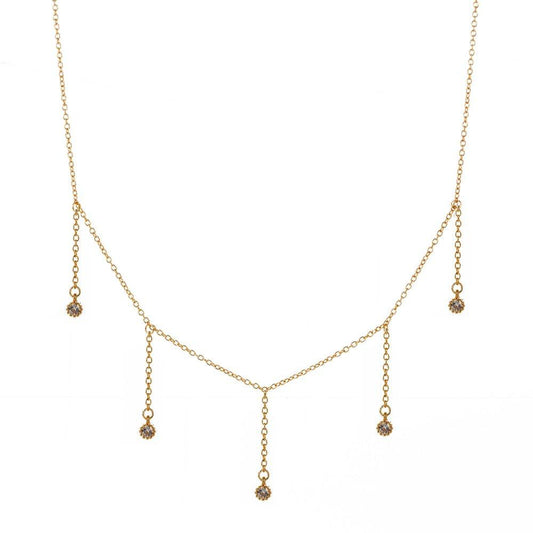 Drop Necklace with Five Cubic Zirconia Stone Dainty Gold Chain Clear CZ Dangle Necklace