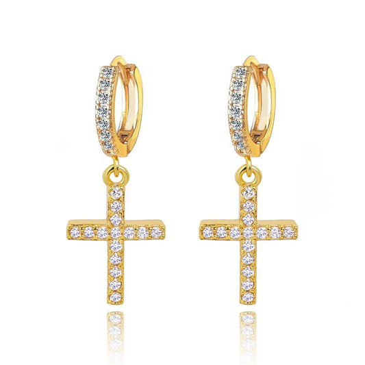 Cross Dangle Earrings with White Diamond Cubic Zirconia Gold