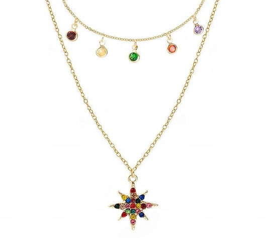 Star Necklace Layered with Rainbow Cubic Zirconia Stones