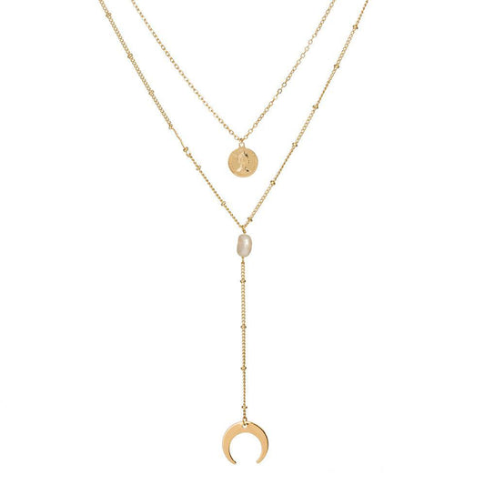 Two Layer Necklace with Moon and Gypsy Coin