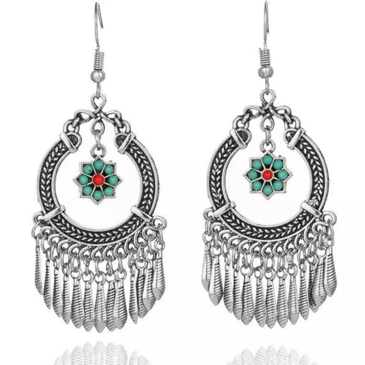 Vintage Indian Flower Tassel Boho Dangle Earrings Silver Flower Tassel Dangle Earrings