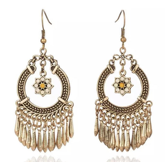 Vintage Indian Flower Tassel Boho Dangle Earrings Gold Flower Tassel Dangle Earrings