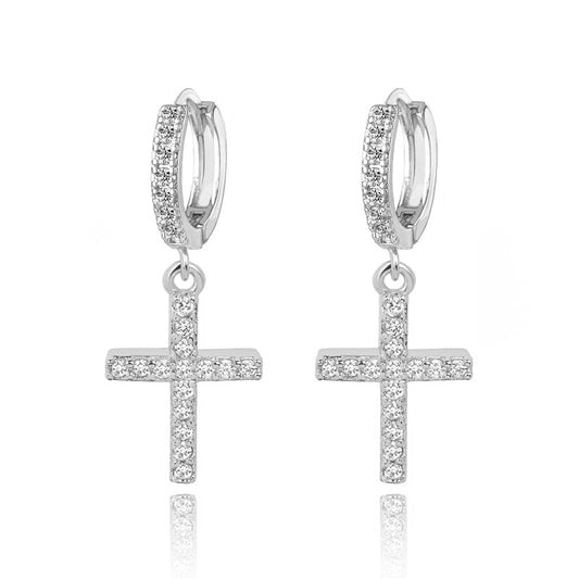Cross Huggie Earrings with White Diamond Cubic Zirconia - Hollywood Sensation®