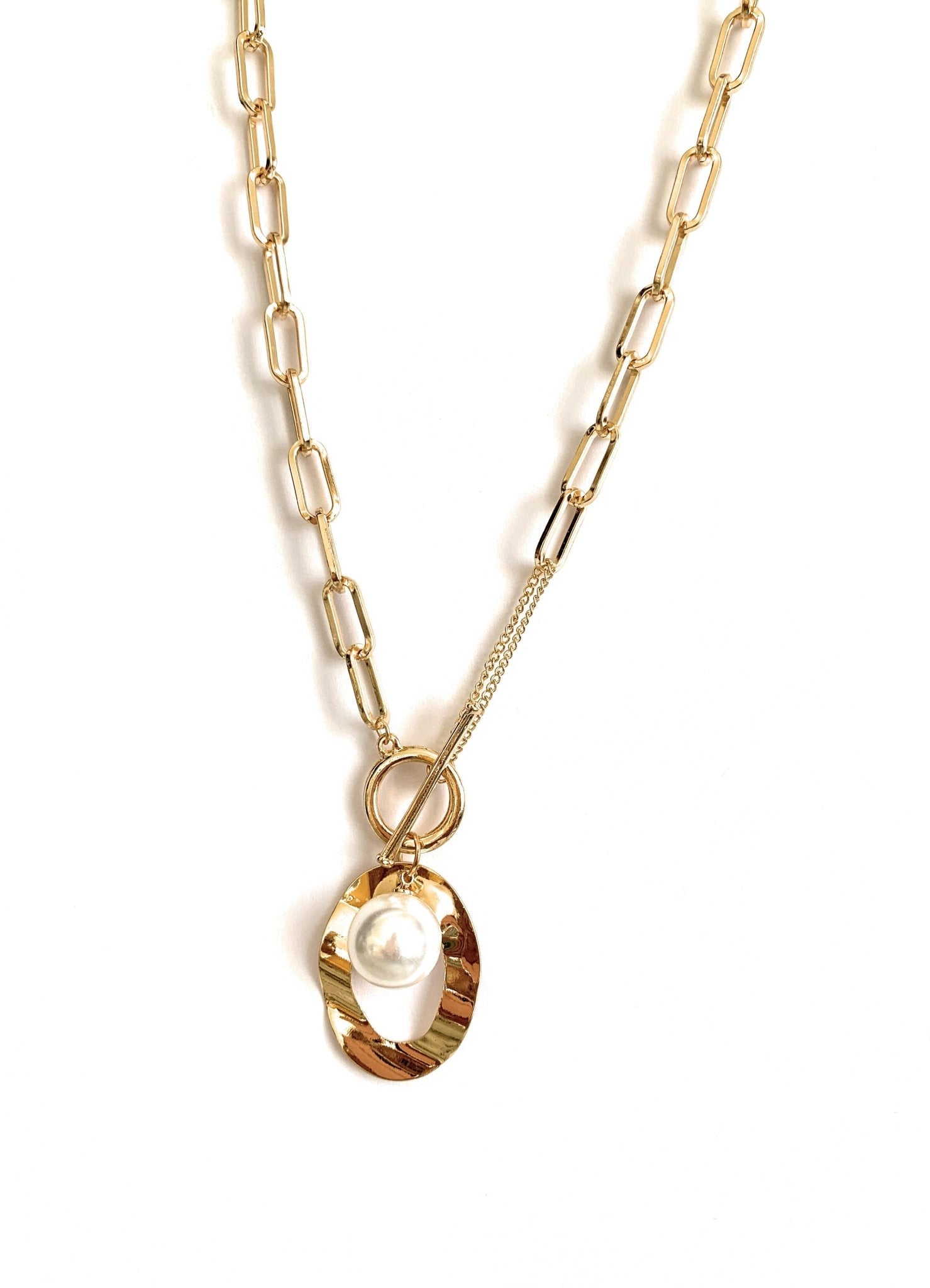 Large Link Necklace Gold Plated with Simulated Pearl - Hollywood Sensation®