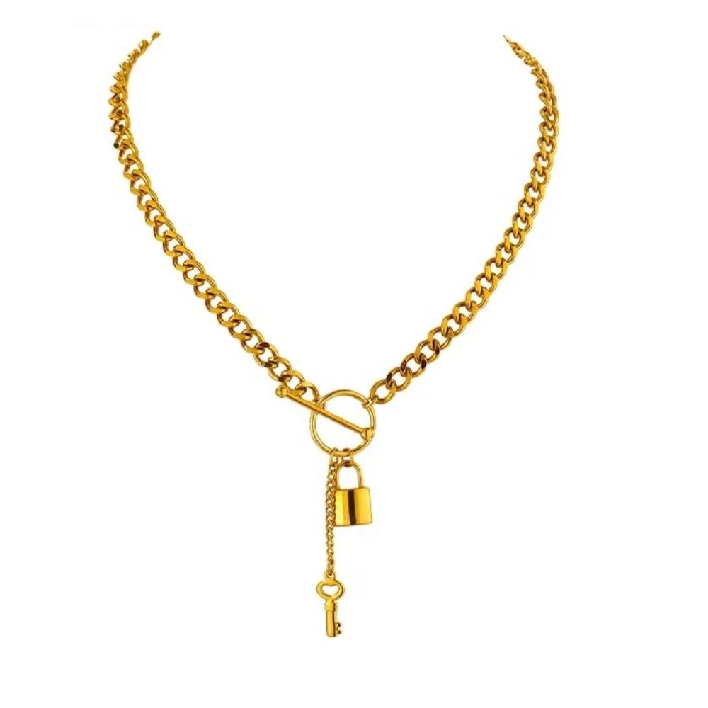 Hollywood Sensation Lock and Key Necklace with Cuban Link Chain and Toggle Clasp