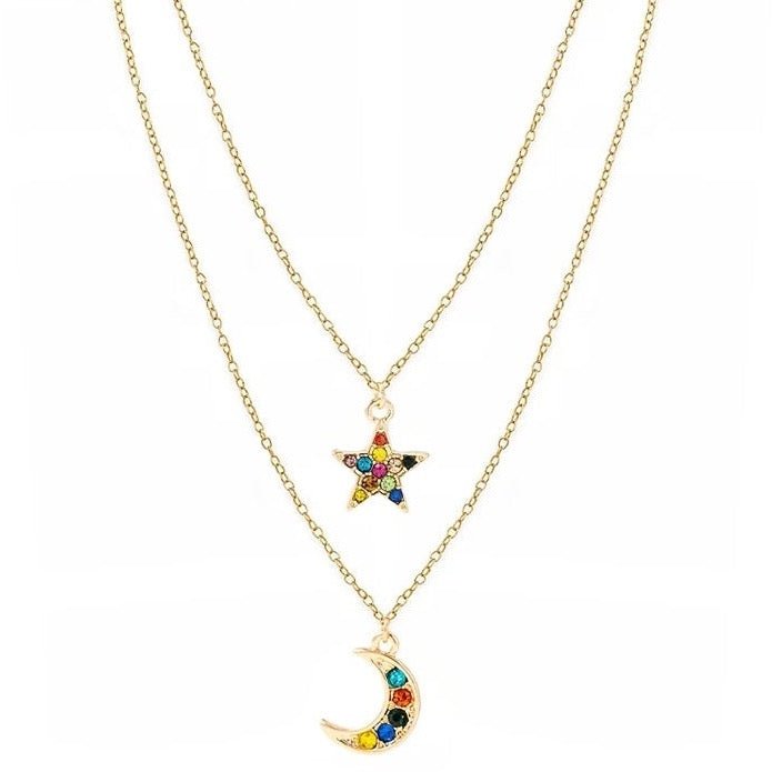Moon and Star Necklace with Rainbow Cubic Zirconia Stones - Hollywood Sensation®