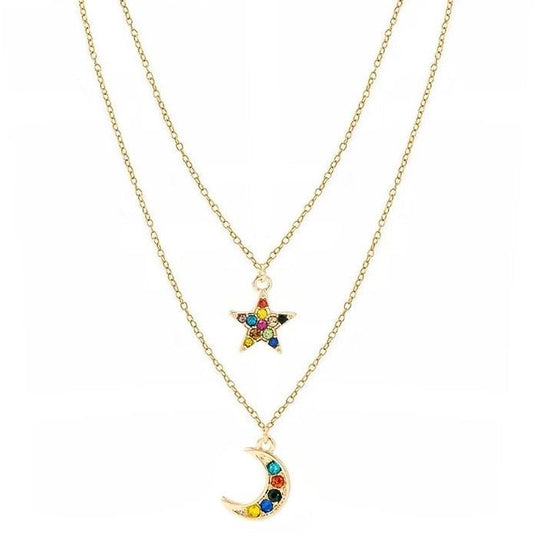 Moon and Star Necklace with Rainbow Cubic Zirconia Stones - Hollywood Sensation®
