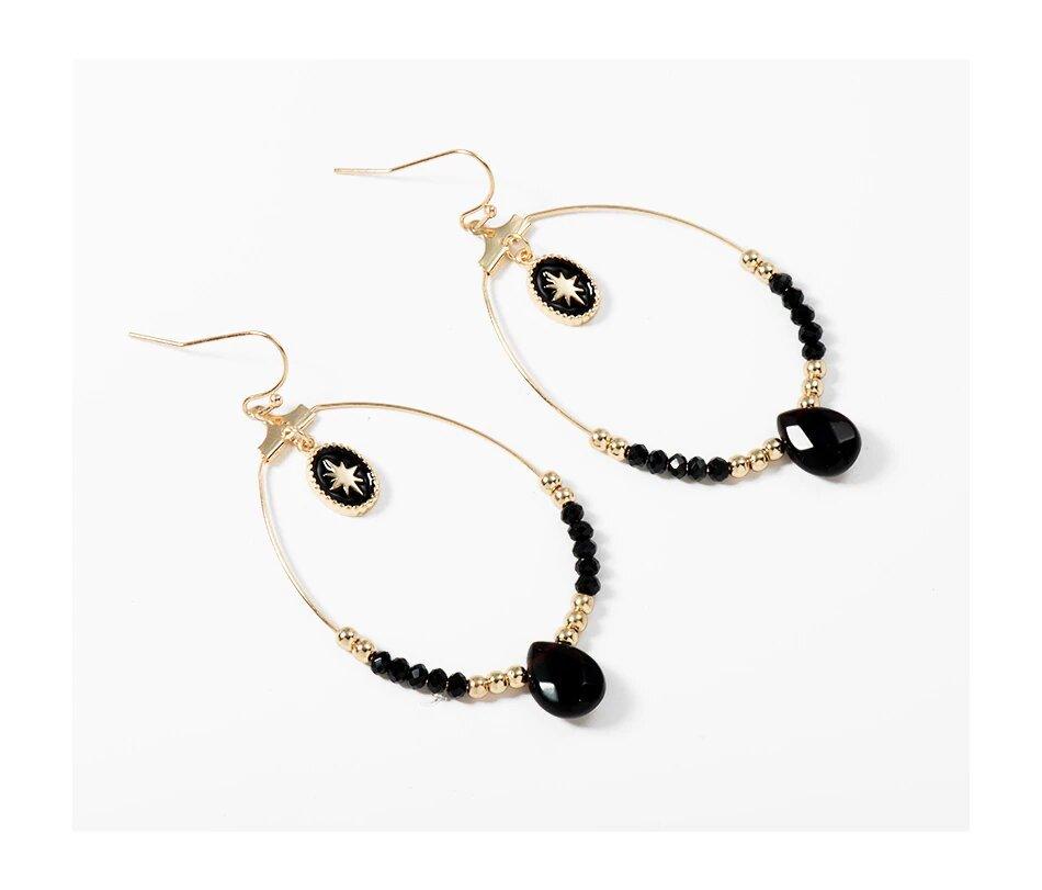 Black and Gold Beaded Hoop Earrings