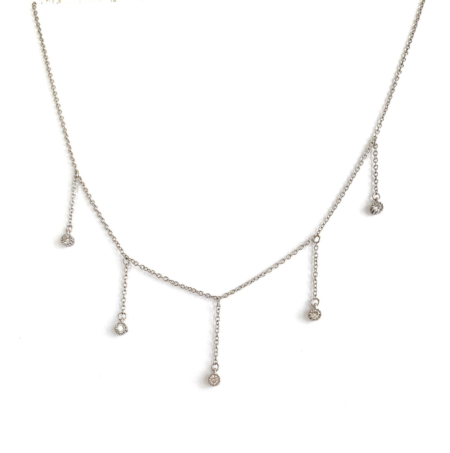 Drop Necklace with Five Cubic Zirconia Stone Dainty Silver Chain Clear CZ Dangle Necklace