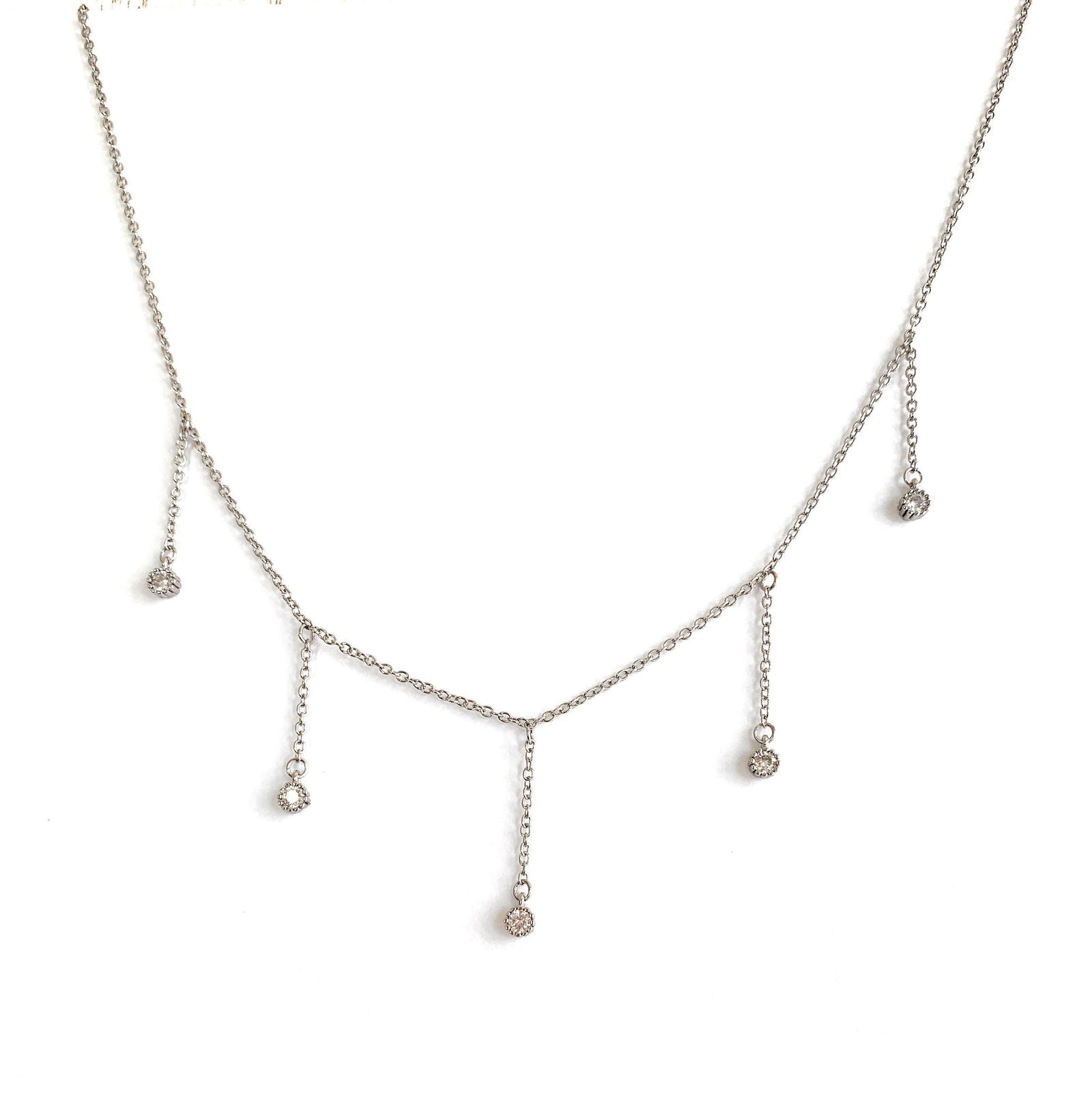 Drop Necklace with Five Cubic Zirconia Stone Dainty Silver Chain Clear CZ Dangle Necklace