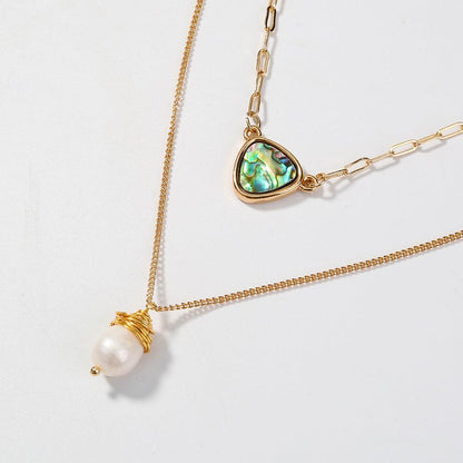 Two Layer Necklace With Abalone Pendant And Pearl Pendant Default Title
