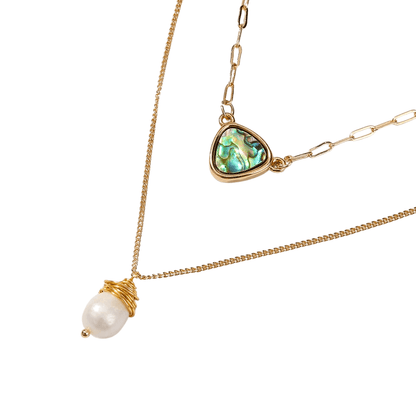 Two Layer Necklace With Abalone Pendant And Pearl Pendant
