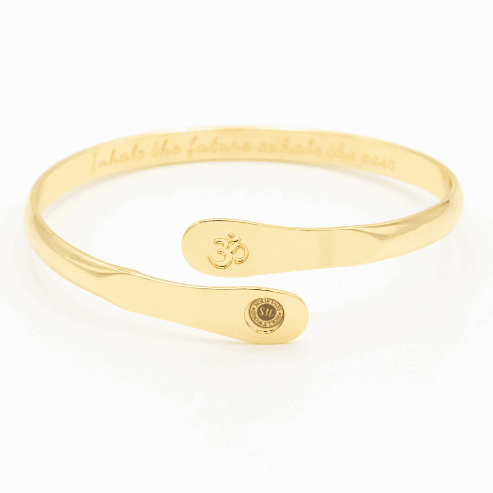 Yoga Bracelets, Om Bracelets, Engraved Bracelets Inhale the future exhale the past- The Om Symbol Gold Yoga Bracelets, Om Bracelets