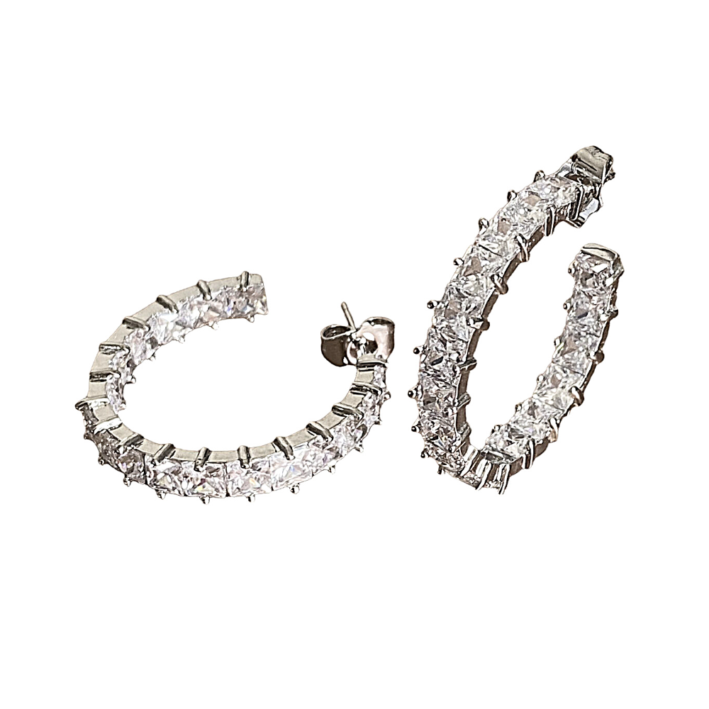 Silver Crystal Hoop Earrings with Princess Cut White Diamond Cubic Zirconia-Hollywood Sensation®