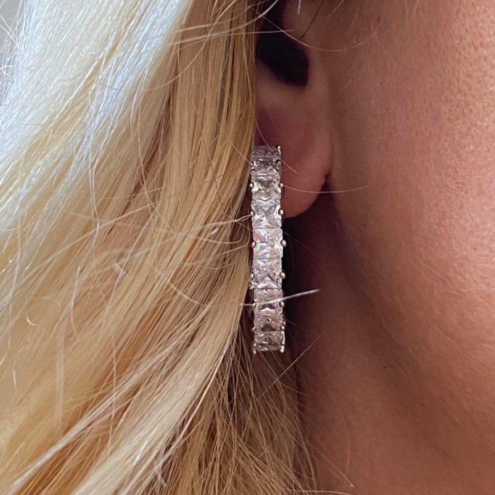 Silver Crystal Hoop Earrings with Princess Cut White Diamond Cubic Zirconia-Hollywood Sensation®