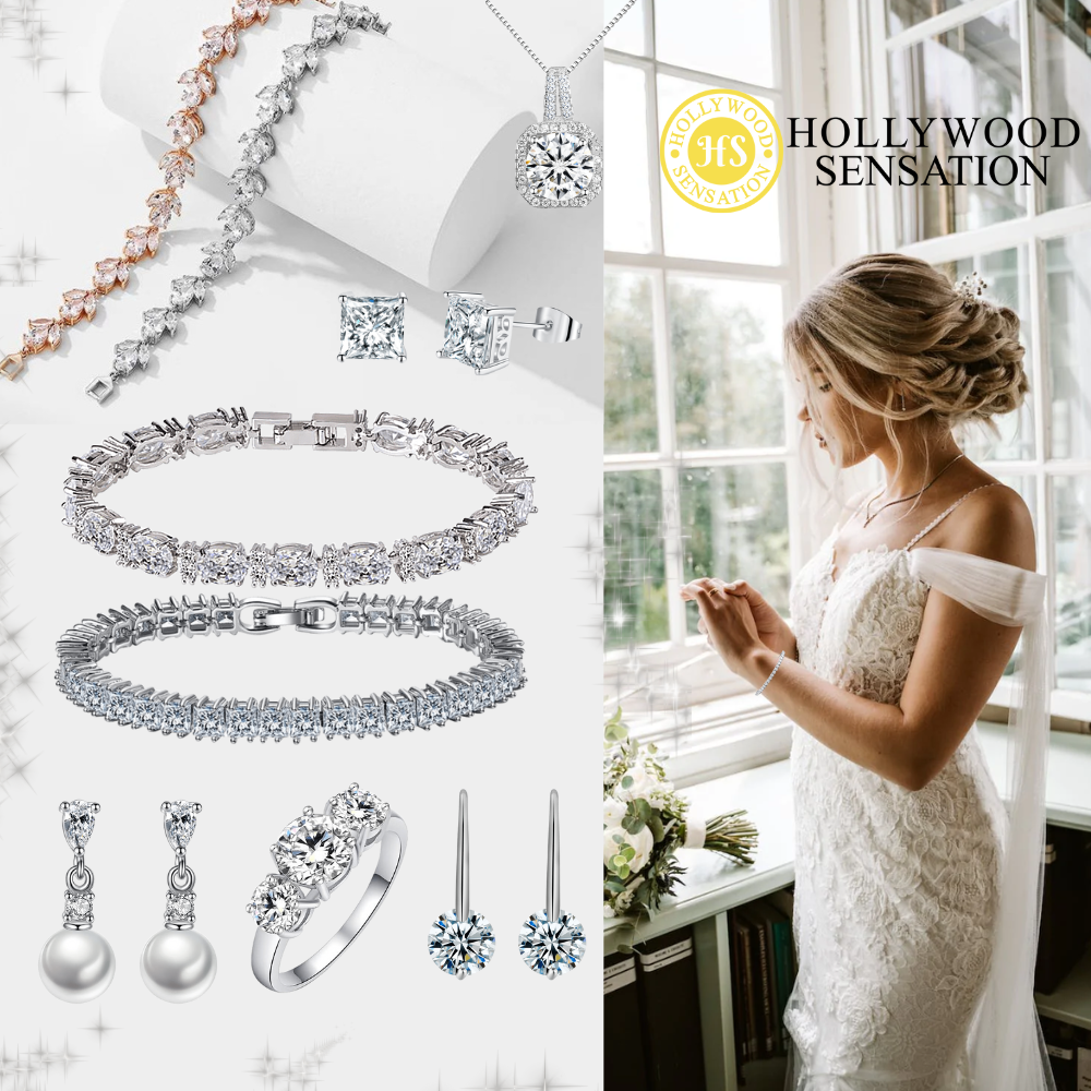 White Gold and Cubic Zirconia Necklace and Earring Set-Hollywood Sensation®