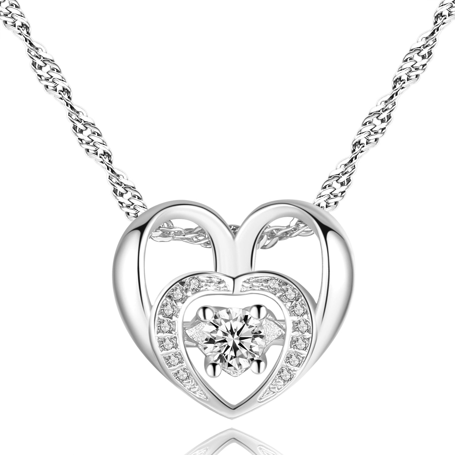 White Gold Double Heart Necklace with Cubic Zirconia Necklace for Women-Hollywood Sensation®