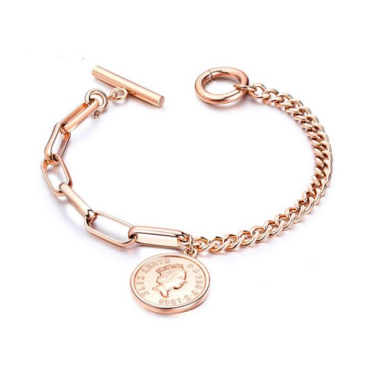 Rose Gold Link Bracelet with Coin Charm and Toggle Clasp-Hollywood Sensation®
