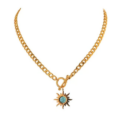 Sun Pendant Necklace with Turquoise Stone and Anchor Link Chain-Hollywood Sensation®