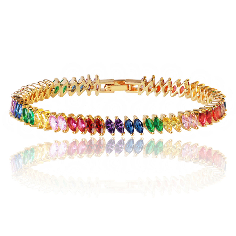 Rainbow Cubic Zirconia Tennis Bracelet in Gold with Rainbow Marquise Stones-Hollywood Sensation®