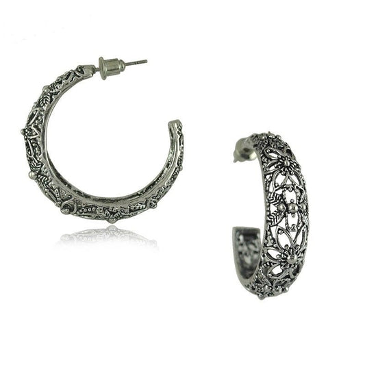 Vintage Silver Hoop Retro Flower Earrings-Hollywood Sensation®