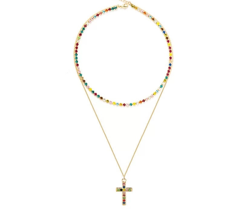 Rainbow Necklace Layered with Cross Pendant and Cubic Zirconia Stones-Hollywood Sensation®