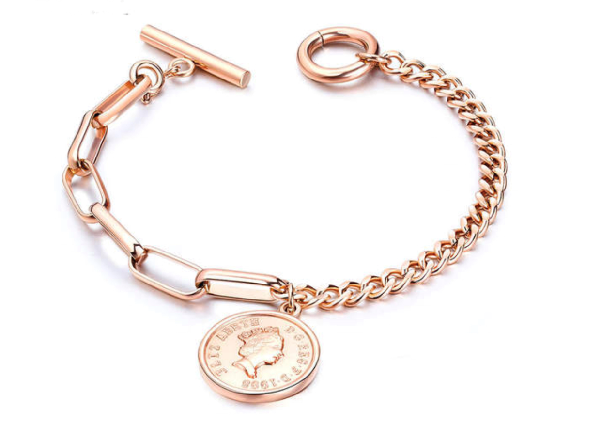 Rose Gold Link Bracelet with Coin Charm and Toggle Clasp-Hollywood Sensation®
