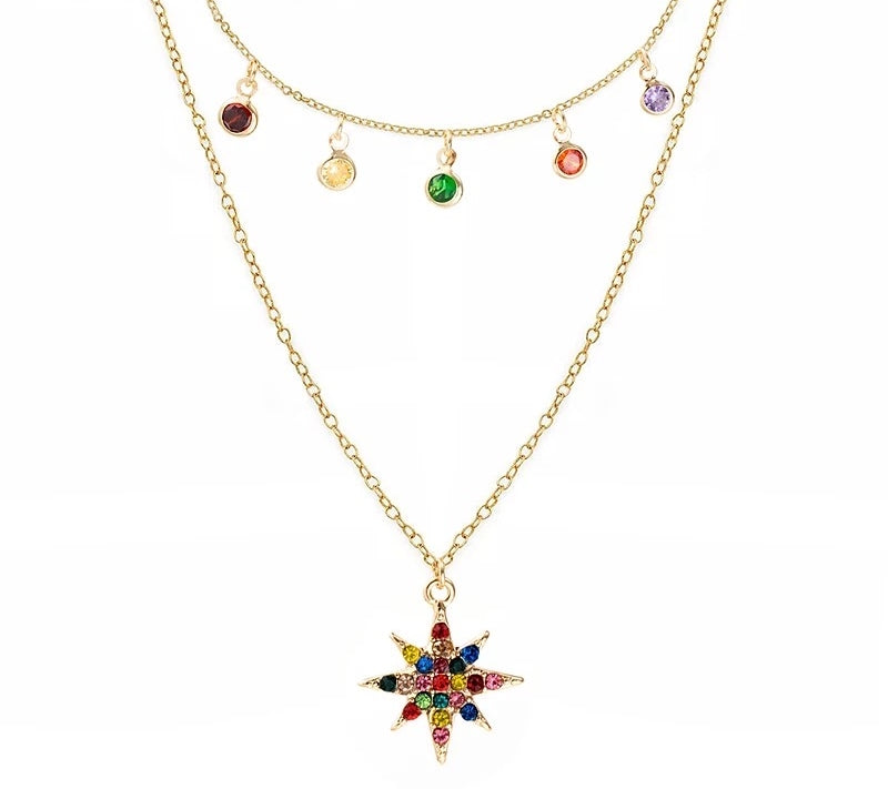 Star Necklace Layered with Rainbow Cubic Zirconia Stones-Hollywood Sensation®