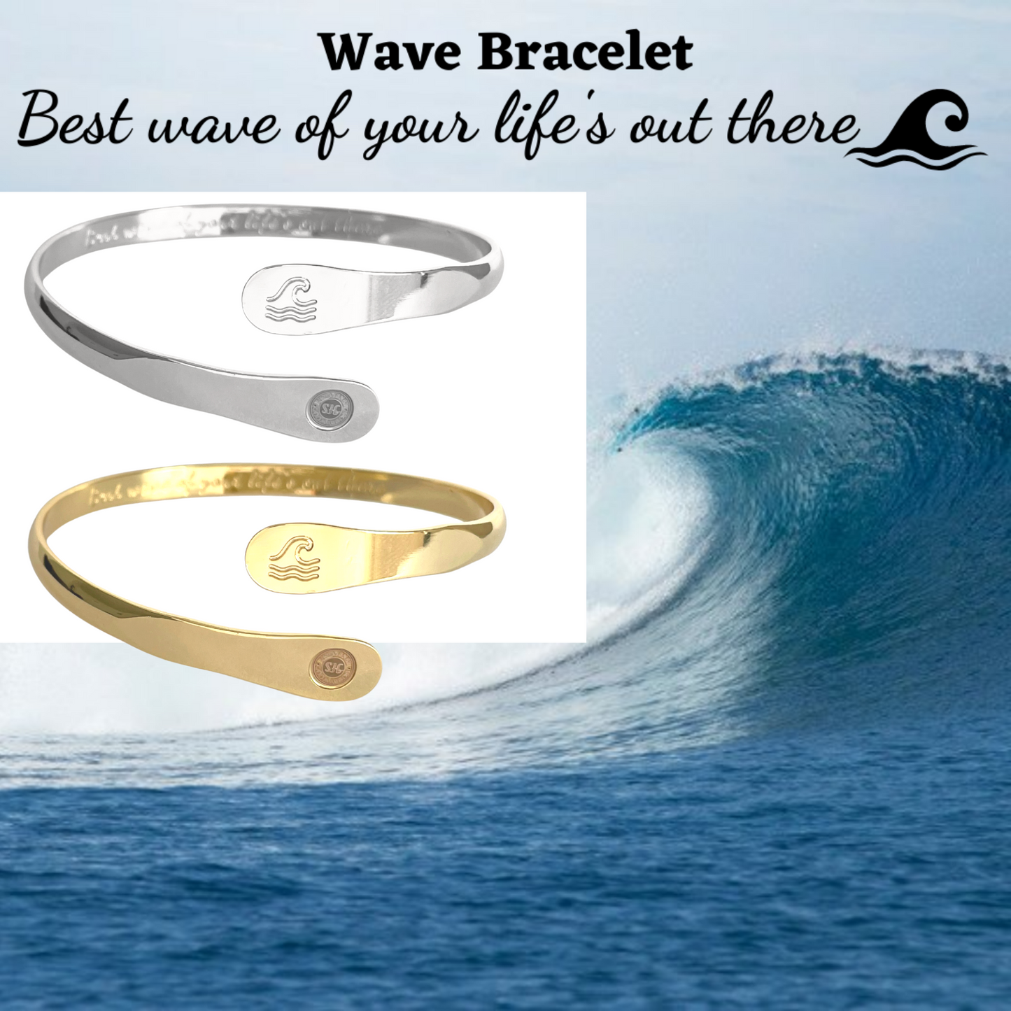 Gold Wave Bracelets, Surfers Bracelets, Ocean Bracelets,  Engraved Best wave of your life's out there Bracelets-Hollywood Sensation®