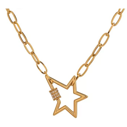 Star Pendant Necklace with Cubic Zirconia Stones and Gold Paperclip Link Necklace-Hollywood Sensation®
