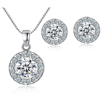 White Gold Cubic Zirconia Necklace Set with Cubic Zirconia Halo Earring Settings-Hollywood Sensation®
