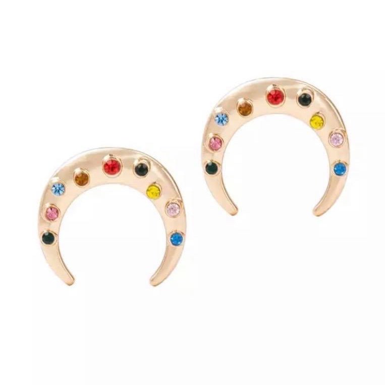 Crescent Moon Stud Earrings with Rainbow Cubic Zirconia Stones - Hollywood Sensation®