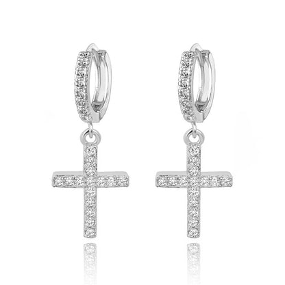 Cross Huggie Earrings with White Diamond Cubic Zirconia - Hollywood Sensation®
