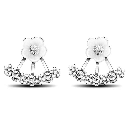 Daisy Jacket Earrings for Women in White, Yellow or Rose Gold with Porcelain Flower and Cubic Zirconia - Hollywood Sensation®