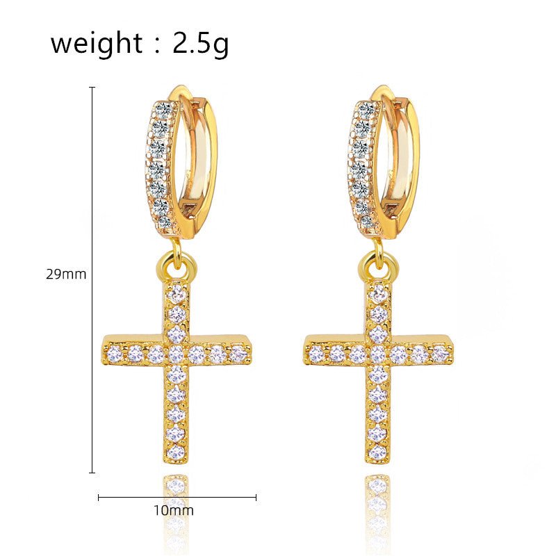 Gold Cross Dangle Earrings with White Diamond Cubic Zirconia - Hollywood Sensation®