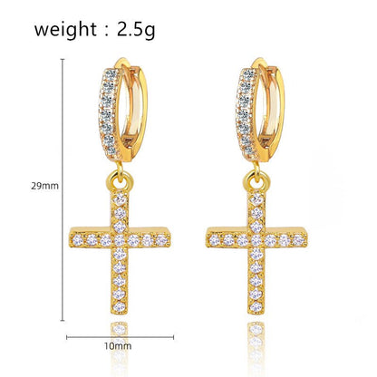Gold Cross Dangle Earrings with White Diamond Cubic Zirconia - Hollywood Sensation®