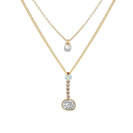 Gold Layered Necklace with Druzy Stone and Cubic Zirconia Pendant for Women - Hollywood Sensation®