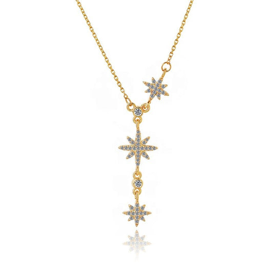 Gold Three Star Lariat Necklace with White Diamond Cubic Zirconia - Hollywood Sensation®