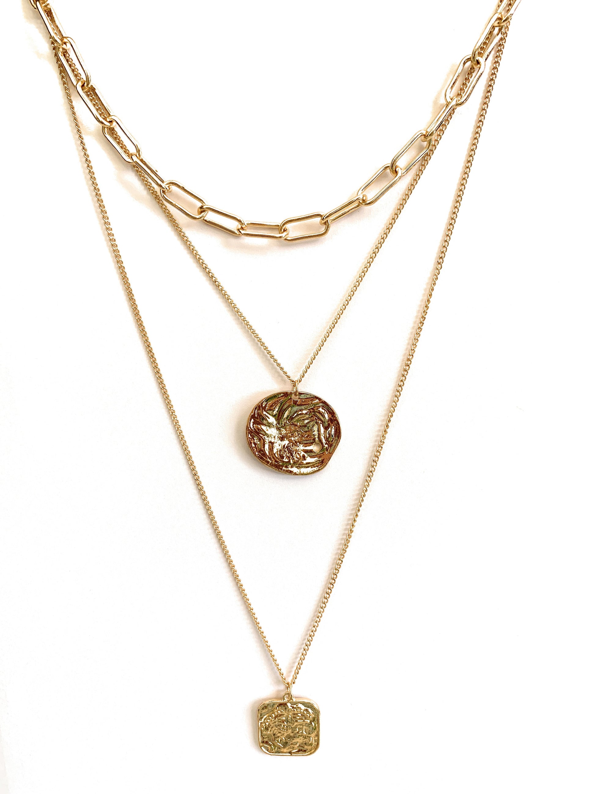Multi Layered Necklace with Coin and Square Pendant-Hollywood Sensation®