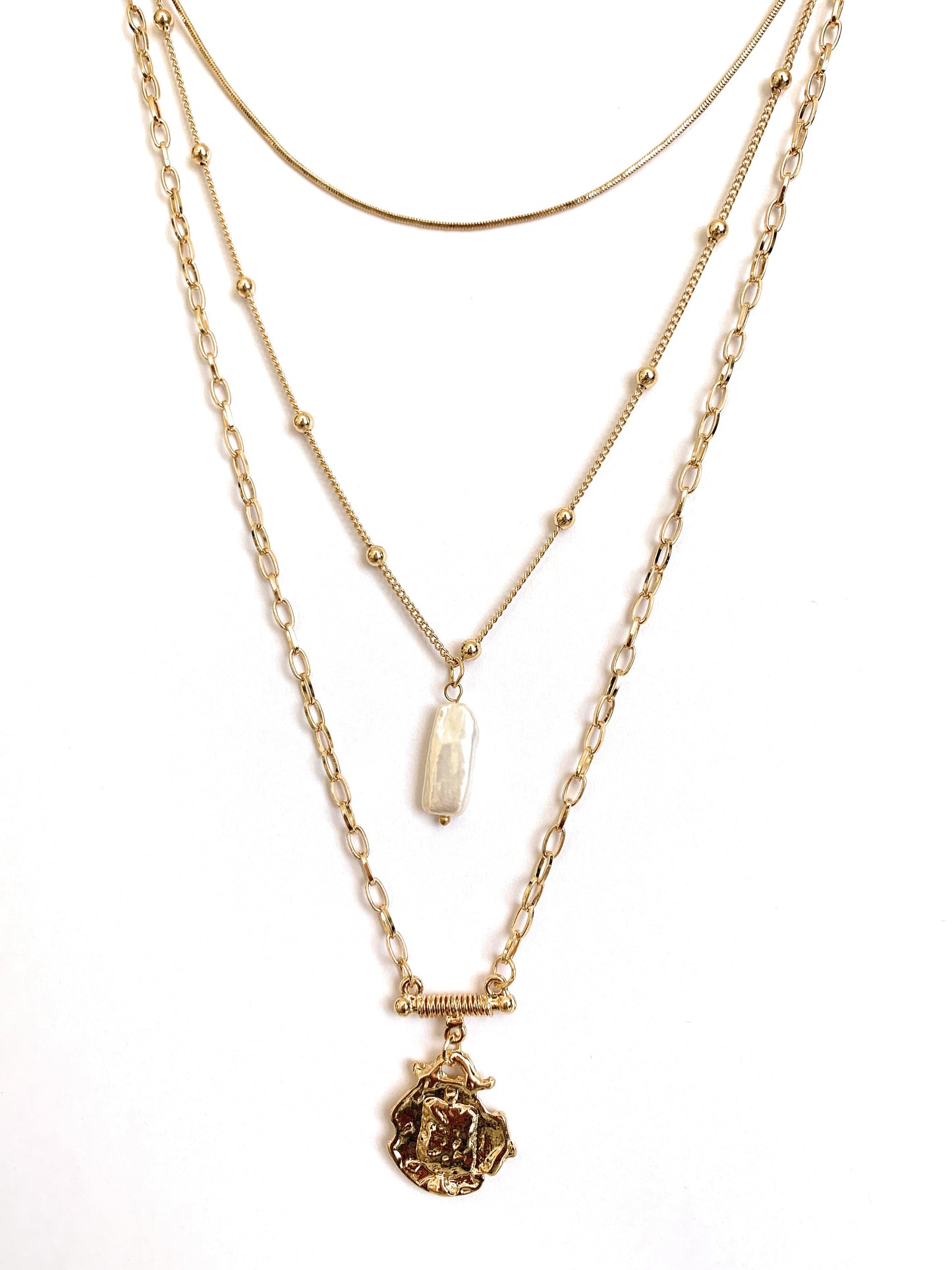 Three Layer Necklace with Simulated Pearl and Gold Pendant-Hollywood Sensation®