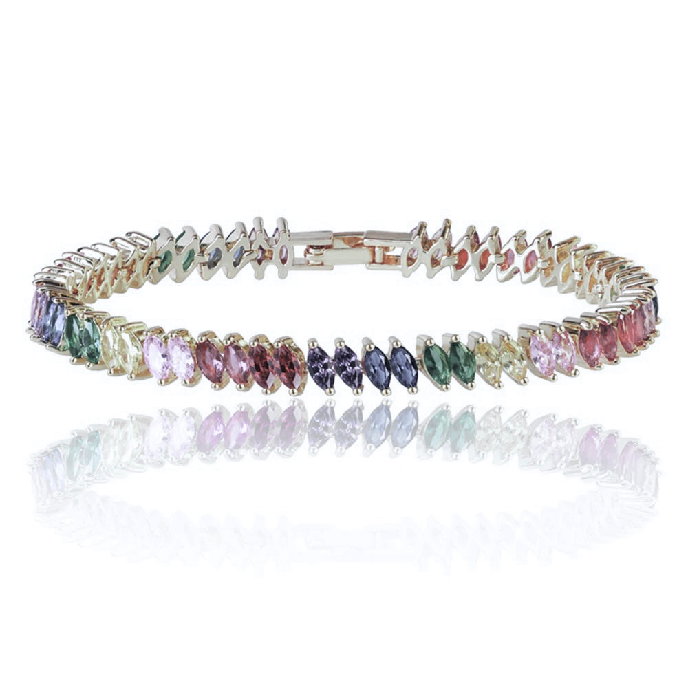 Rainbow Cubic Zirconia Tennis Bracelet in Gold with Rainbow Marquise Stones-Hollywood Sensation®