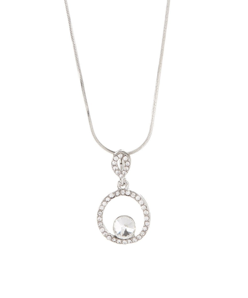 Pave Circle Crystal and White Gold Plated Pendant Necklace - Hollywood Sensation®